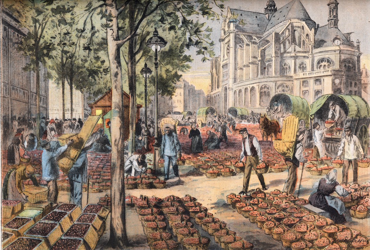 De aankomst van aardbeien op de tegel van de hallen achter de kerk van Saint Eustache, uit de krant "Le Petit Parisien" door French School