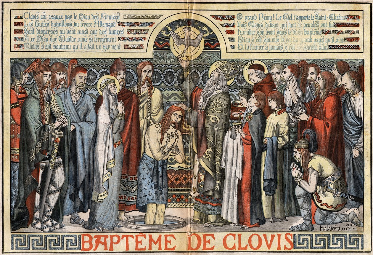 De doop van Clovis I (466-511) in Reims, 25 december 496. illustratie door MALATESTA (MALTESTE Henri Theodore) in 