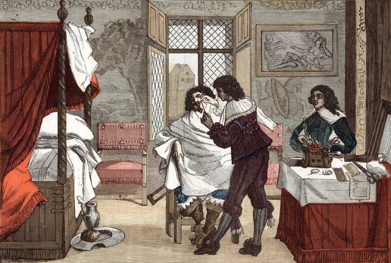 De barbier, Frankrijk, gravure door Abraham Bosse, ca. 1640, gravure uit 