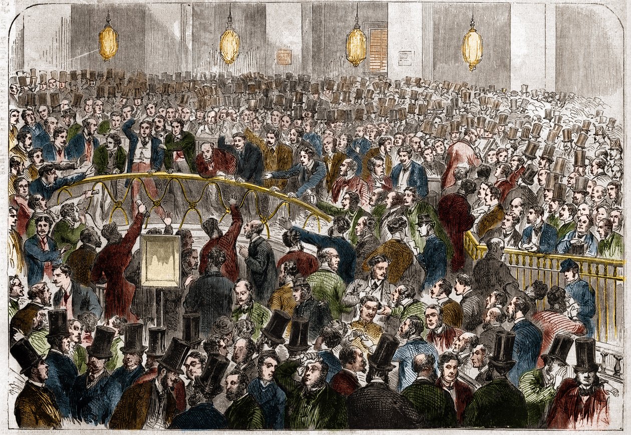 De mand van wisselagenten op de Parijse Beurs in 1867. door French School