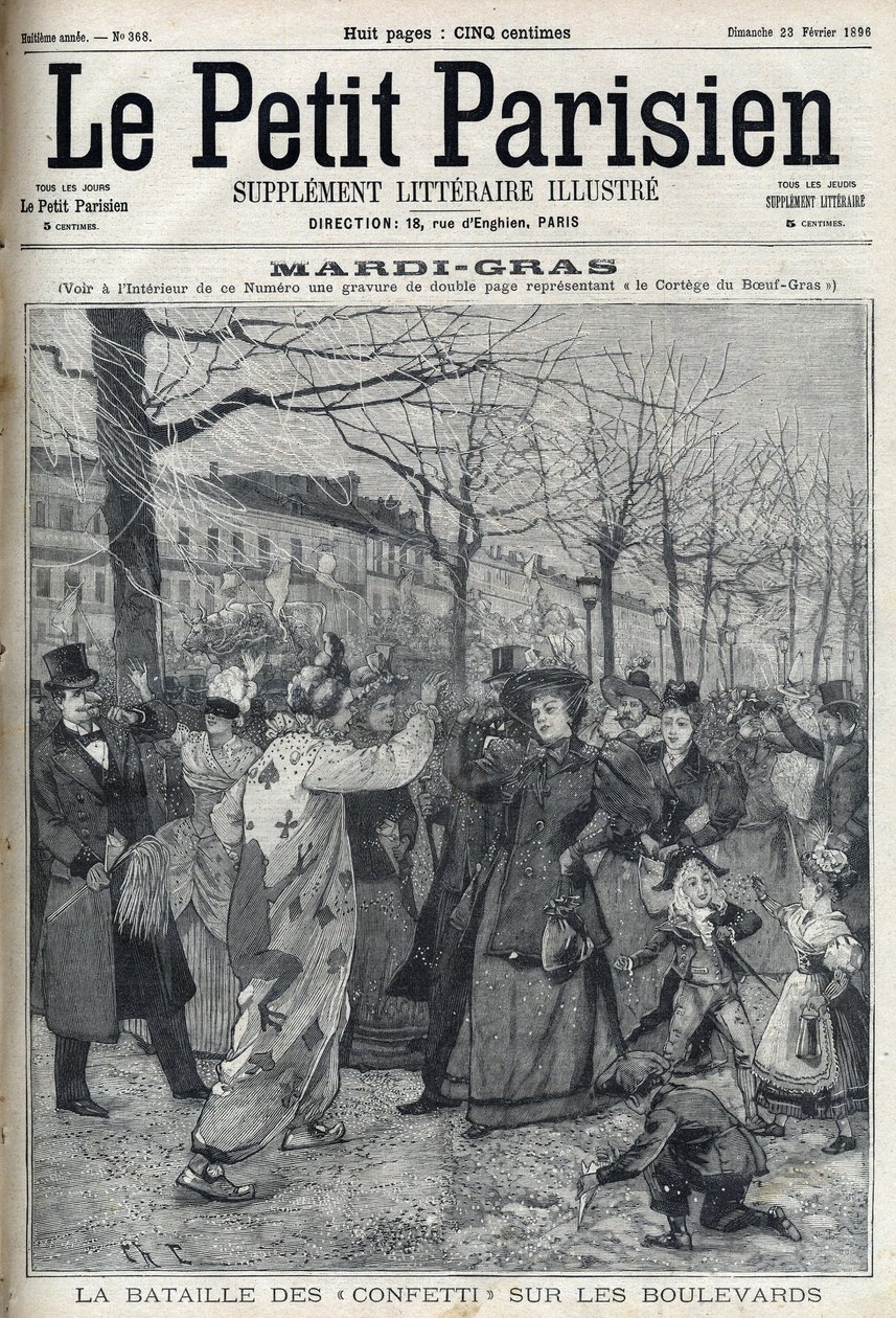 De confettislag op de Parijse boulevard tijdens Mardi Gras. Gravure in "Le petit Parisien" door French School