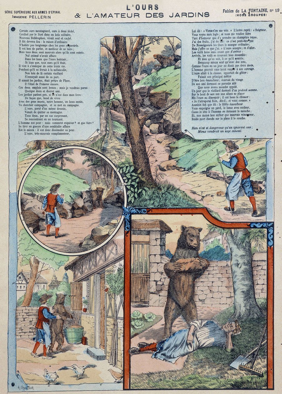 De beer en de tuinliefhebber - Fabels van La Fontaine in afbeeldingen van Epinal door French School