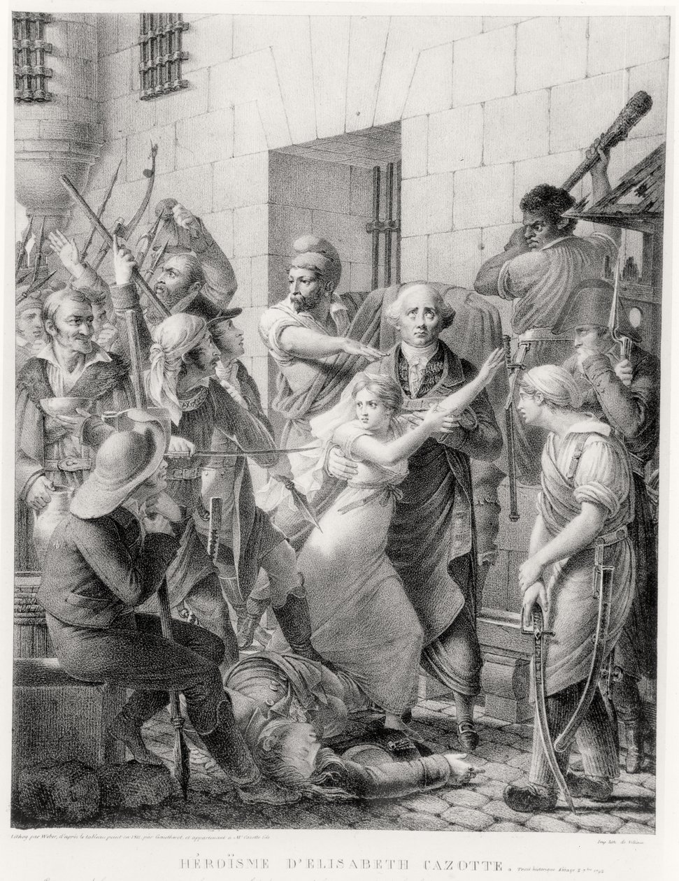 De moed van Elisabeth Cazotte die haar vader beschermt tegen de menigte (gravure) door French School