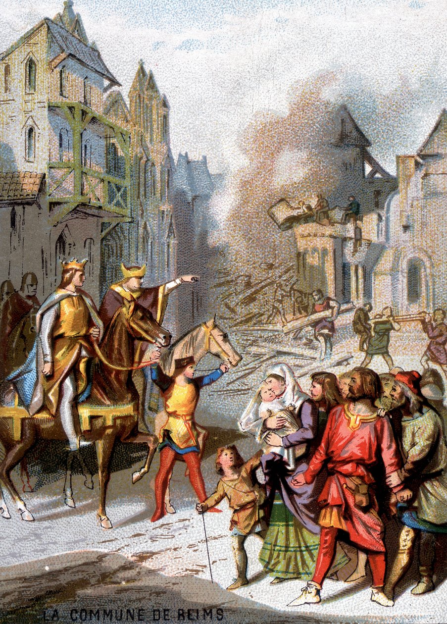 De gemeente Reims (1160) - Represailles van Lodewijk VII om de gemeenschappelijke vrijheden van de bourgeois van Reims te vernietigen. Chromolithografie van de serie 