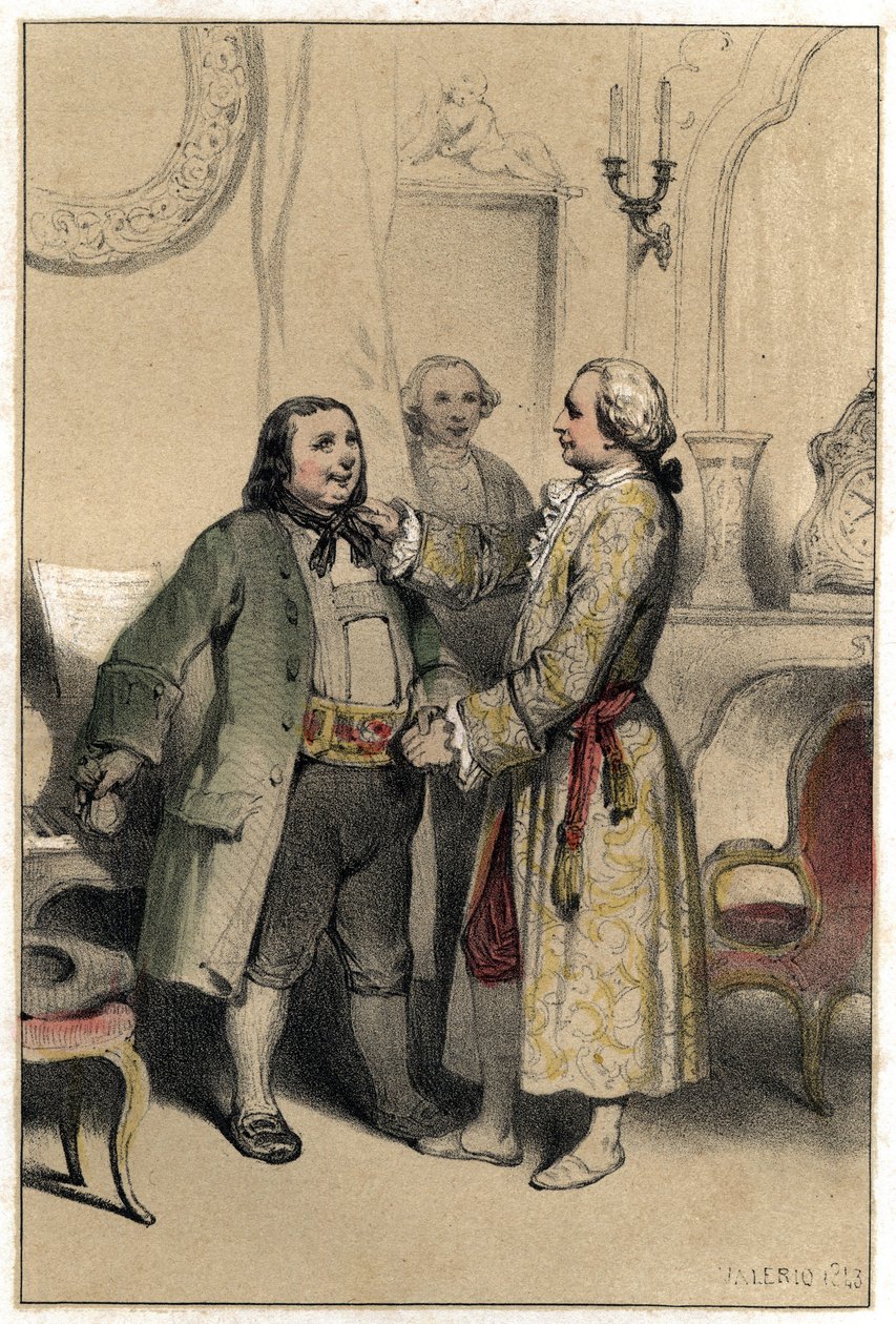 De componist Joseph Haydn ontving een man die hem vroeg een menuet te componeren voor de bruiloft van zijn dochter. Plaat uit "Scenes de la vie des hommes célèbres" gravure in twee tinten door Valerio. 1843 door French School