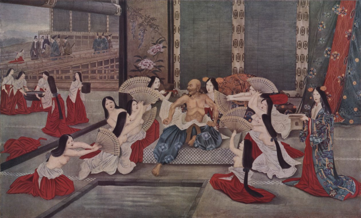 De concubines van Taira no Kiyomori proberen hem af te koelen door koude baden te laten lopen en hem te luchten met in water gedrenkte waaiers om het onblusbare vuur dat in zijn lichaam is ontstoken door zijn opofferende trots te verlichten (kleurenlitho) door French School