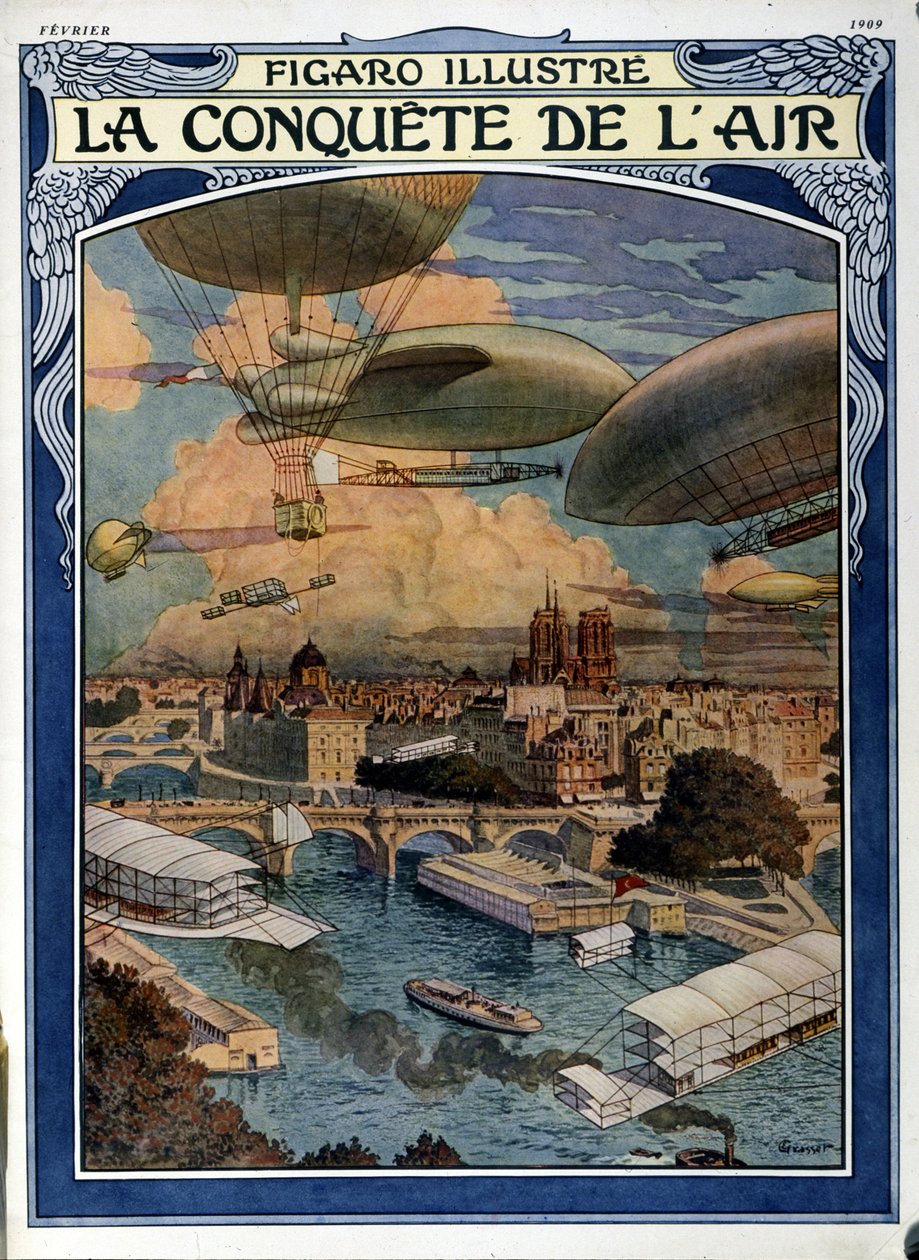 De verovering van de lucht: luchtschip, ballon en heteluchtballon boven Parijs - cover in Figaro Illustrated van februari 1909 door French School
