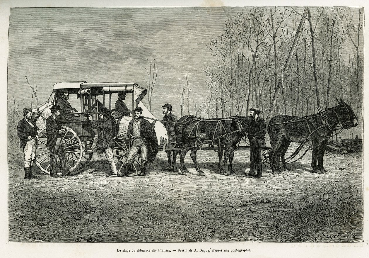 De koets of diligence op het paard van de prairies, tekening door A.Dupuis, ter illustratie van het verhaal van een excursie naar Canada en de noordelijke rode rivier, in 1873, door H. de Lamotte. Gravure in Le tour du monde door French School