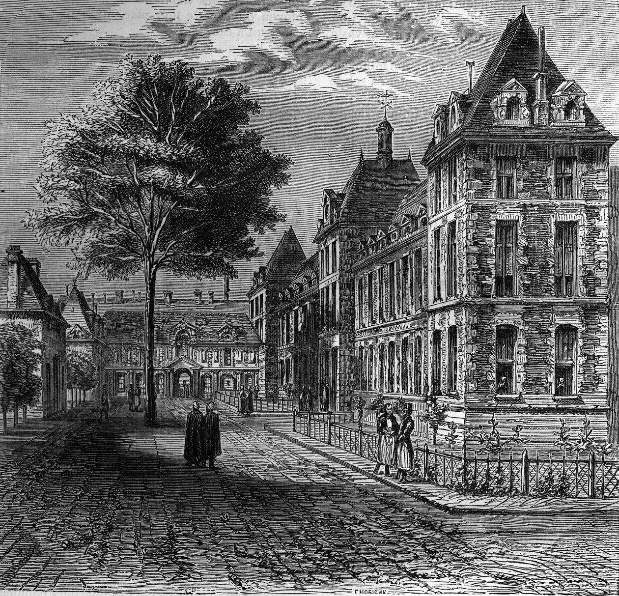 De binnenplaats van het Saint Louis ziekenhuis in Parijs aan het einde van de 16e eeuw door French School