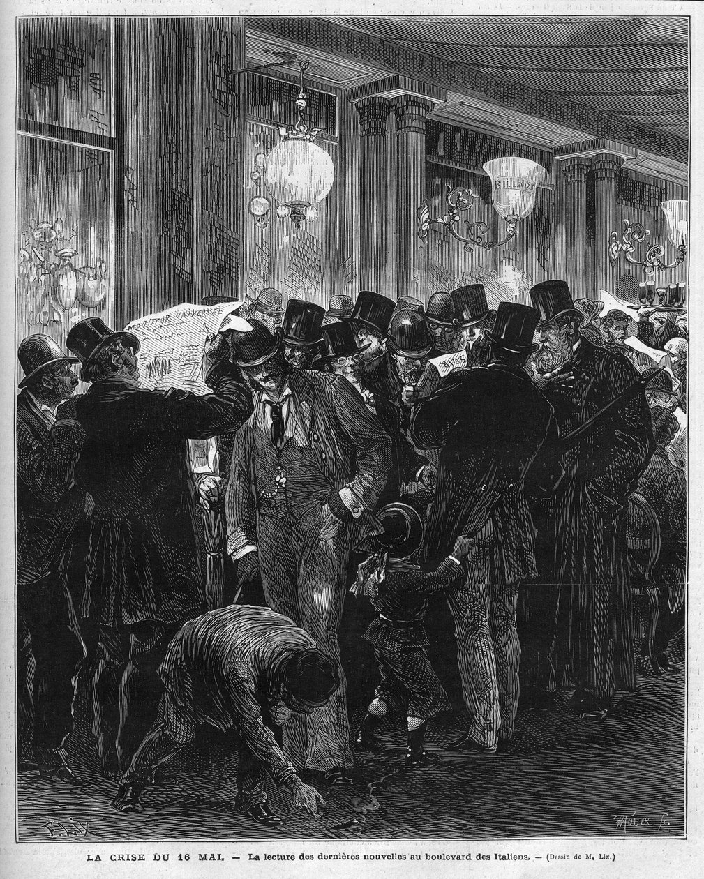 De crisis van 16 mei 1877: het lezen van het laatste nieuws op de boulevard des Italians in Parijs. Deze Franse politieke crisis is het resultaat van de brief van Mac Mahon die de houding van Raadspresident Jules Simon bekritiseert, die uiteindelijk zal af door French School