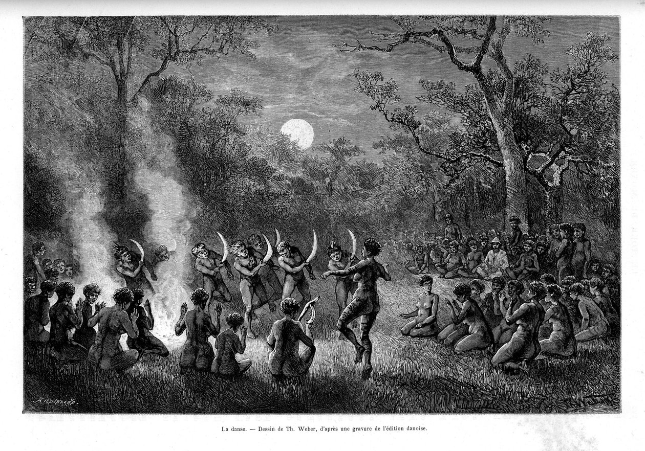 De dans van de boemerang rond het vuur bij de Aboriginals van Australië - in "Tour du Monde" door French School