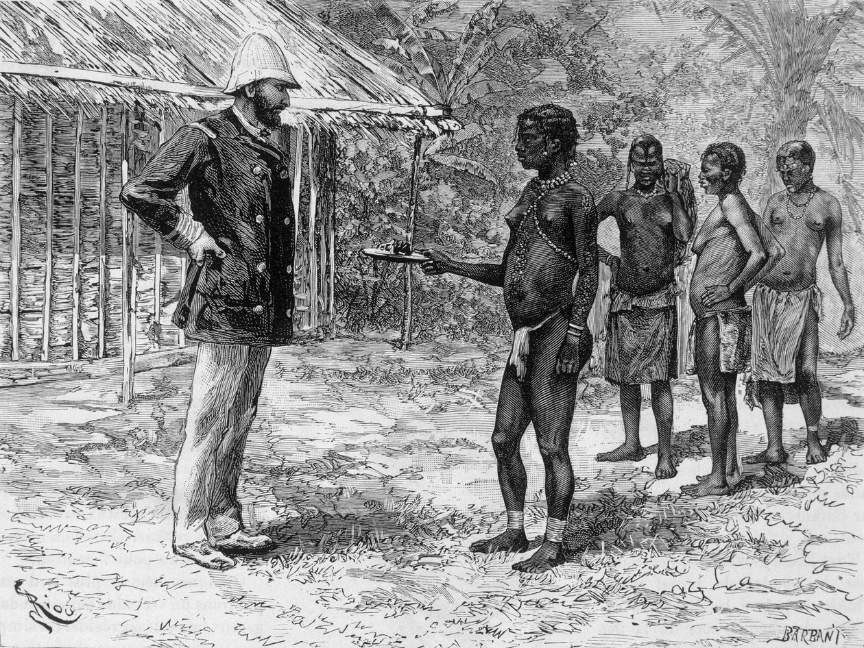 De dochter van Libossi presenteert aan M. de Brazza een schotel met rupsen - in Tour du Monde, 2e week 1888 door French School
