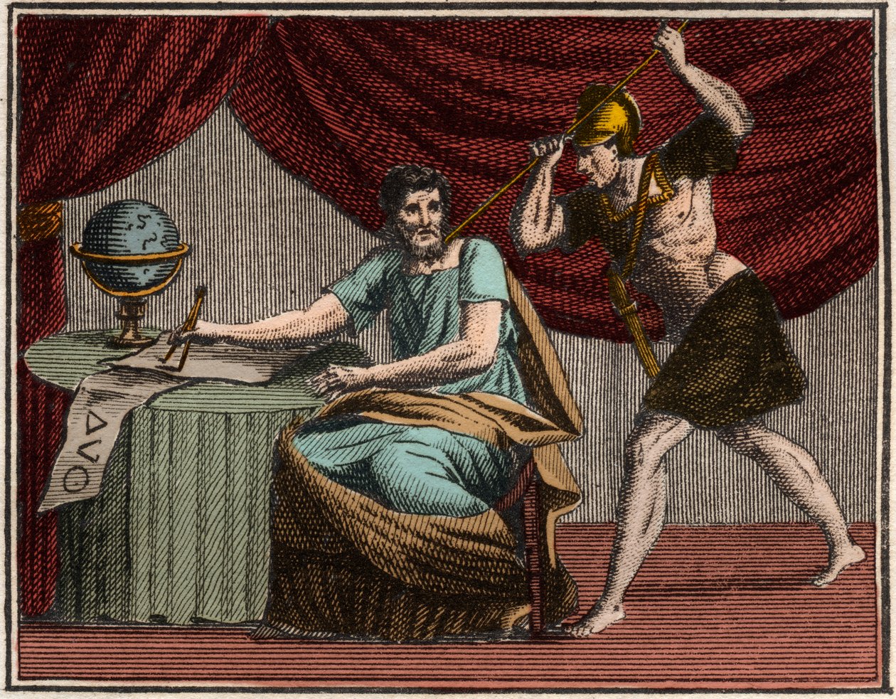 De dood van Archimedes tijdens de verovering van Syracuse, Sicilië, door Romeinse soldaten in 212 v.Chr. door French School