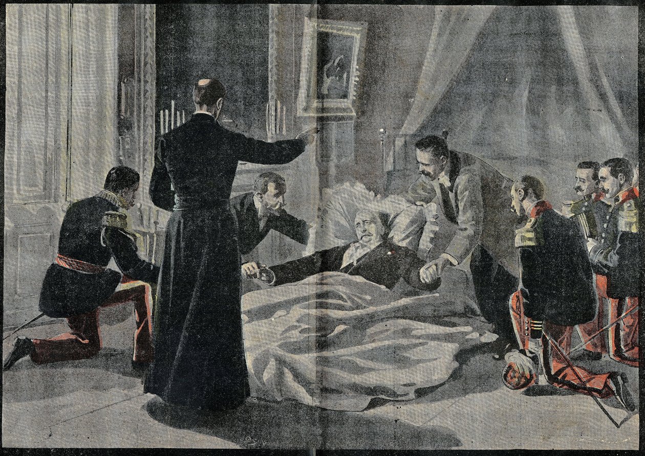 De dood van Felix Faure, president van Frankrijk. Abbe Renault gaf hem de absolutie. Gravure in Le Pelerin 26/02/1899 door French School