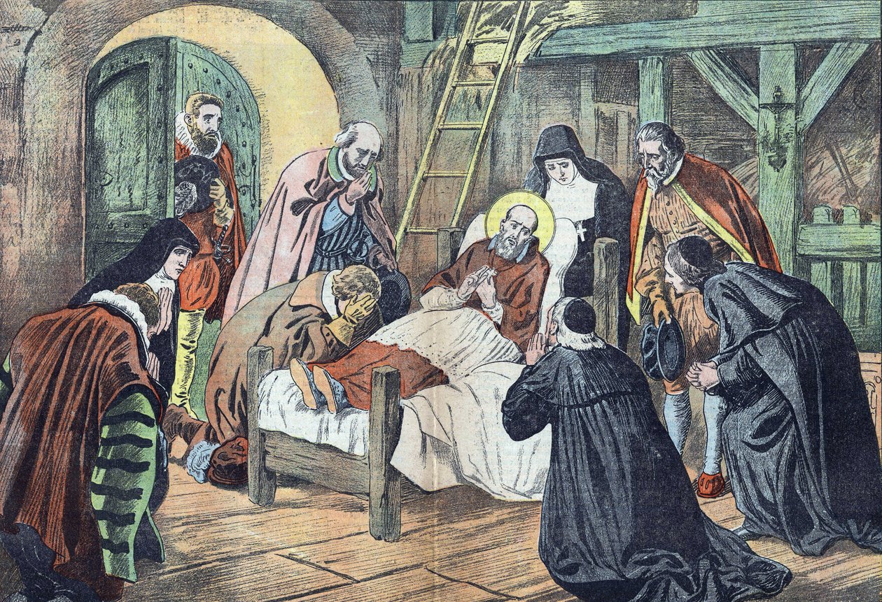De dood van Saint Francois de Sales op 18 december 1622 in Lyon werd omgeven door fideles. "Le pelerin" van 31/12/1922 (prent) door French School