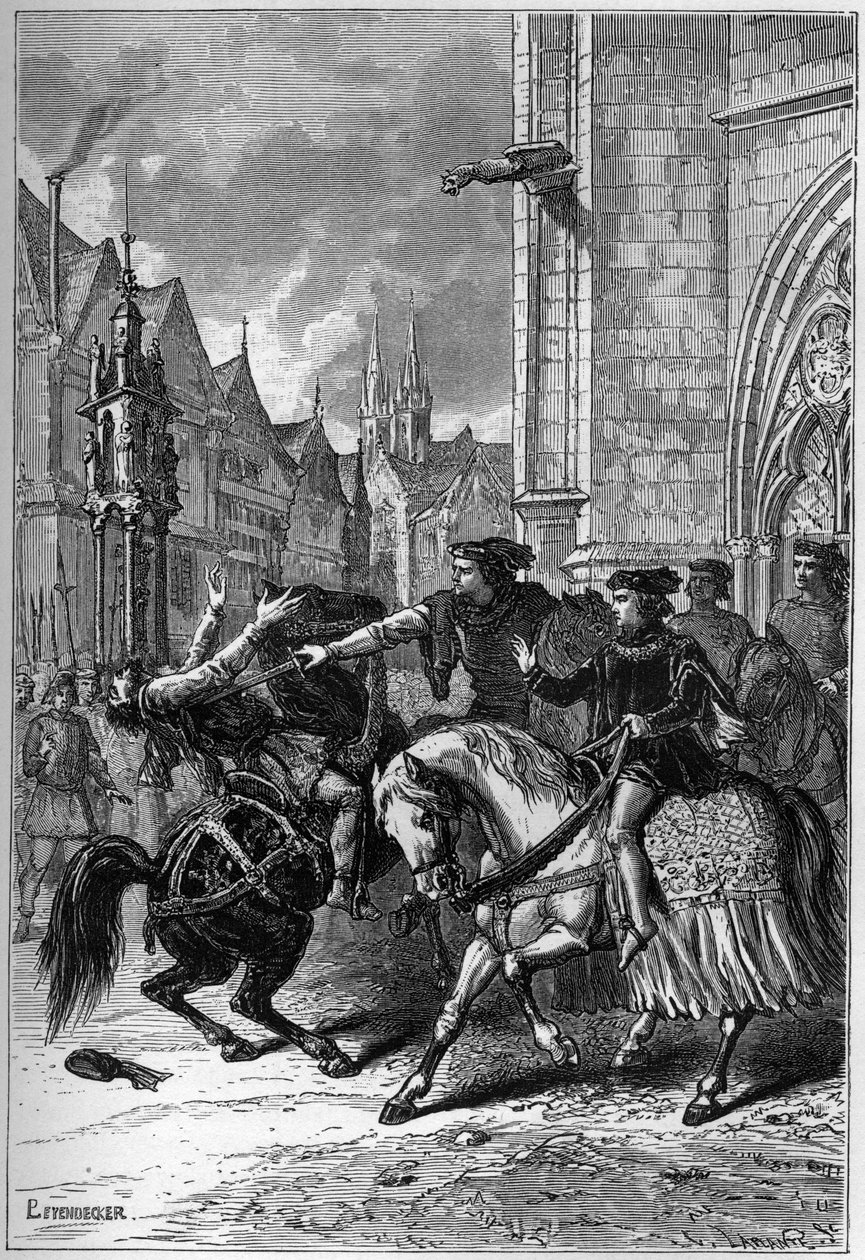 De dood van Wat Tyler in Smithfield, Londen, in 1381 tijdens de Boerenopstand - Dood van Wat (of Walter) Tyler, Engelse revolutionair, in Smithfield, tijdens de Boerenopstand, Londen door French School