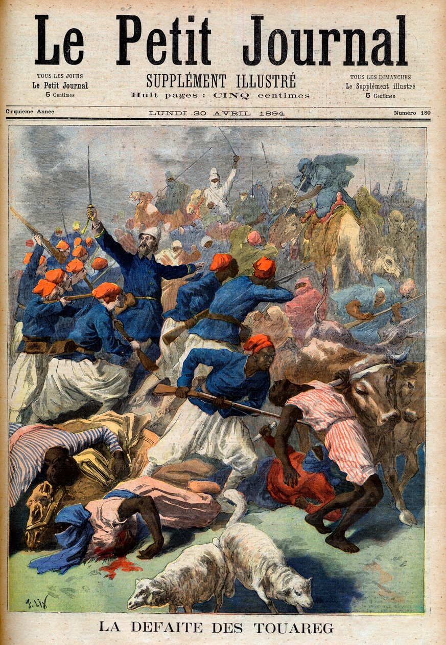 De nederlaag van de Toeareg. Franse koloniale troepen onder bevel van luitenant-kolonel Joseph Joffre (1852-1931) - De nederlaag van de Toeareg. Illustratie voor Le Petit Journal, 30 april 1894 (gravure) door French School