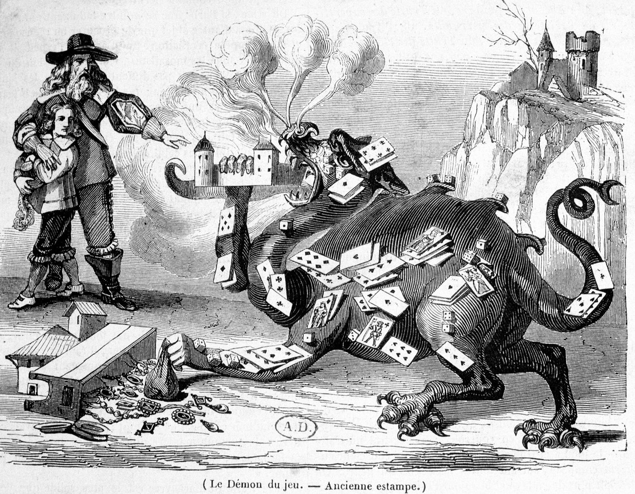De demon van het spel - Franse allegorische gravure door French School