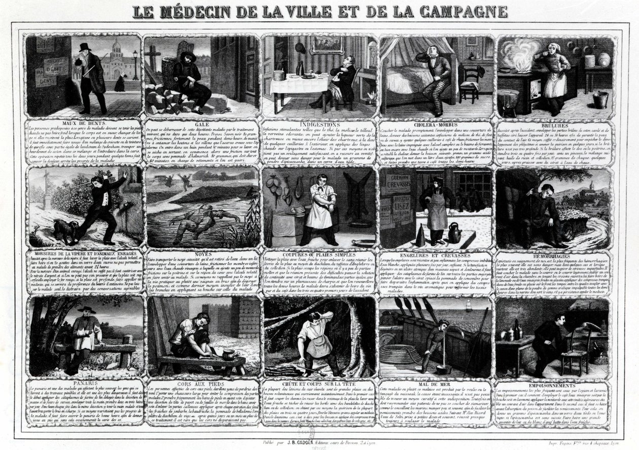 De dokter van de stad en het platteland en hun verschillende patiënten, uitgegeven door J.B. Gadolachez Cours de Brosses in Lyon, eind 19e eeuw door French School