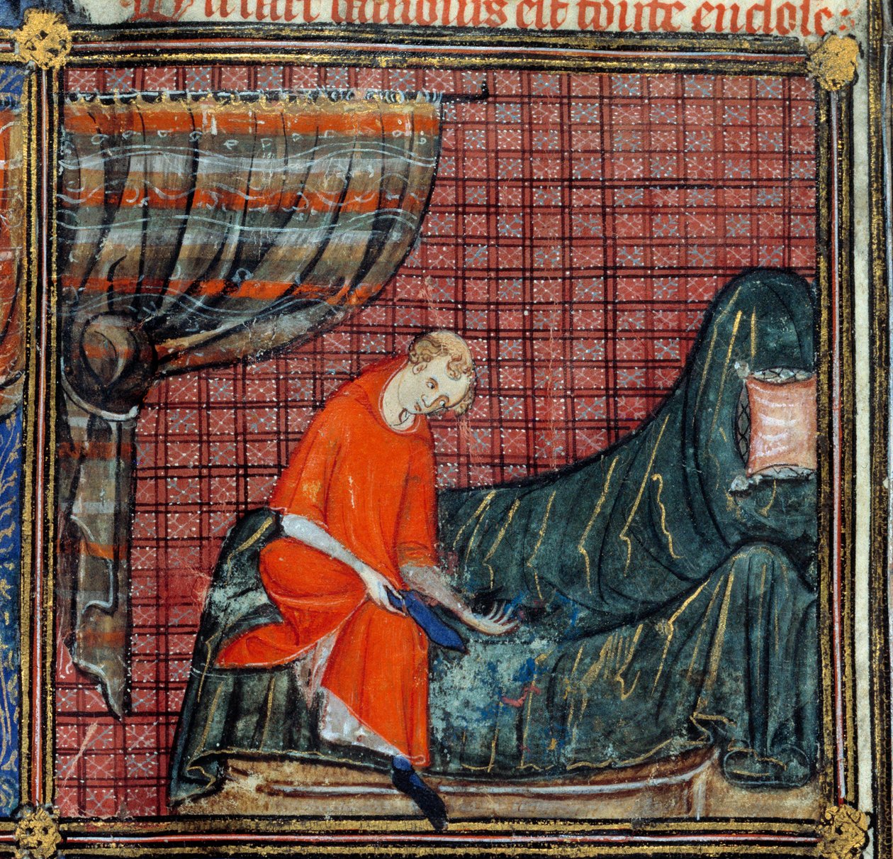 De droom, detail: De minnaar kleedt zich aan. Miniatuur in Roman de la rose door Jean de Meun, circa 1370. Chantilly, Musee Conde door French School