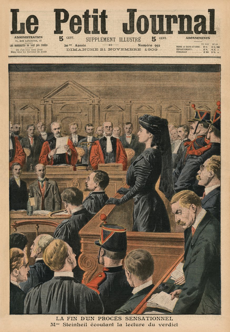 Het einde van een sensationeel proces, Marguerite Steinheil luistert naar het vonnis, voorpagina illustratie van 