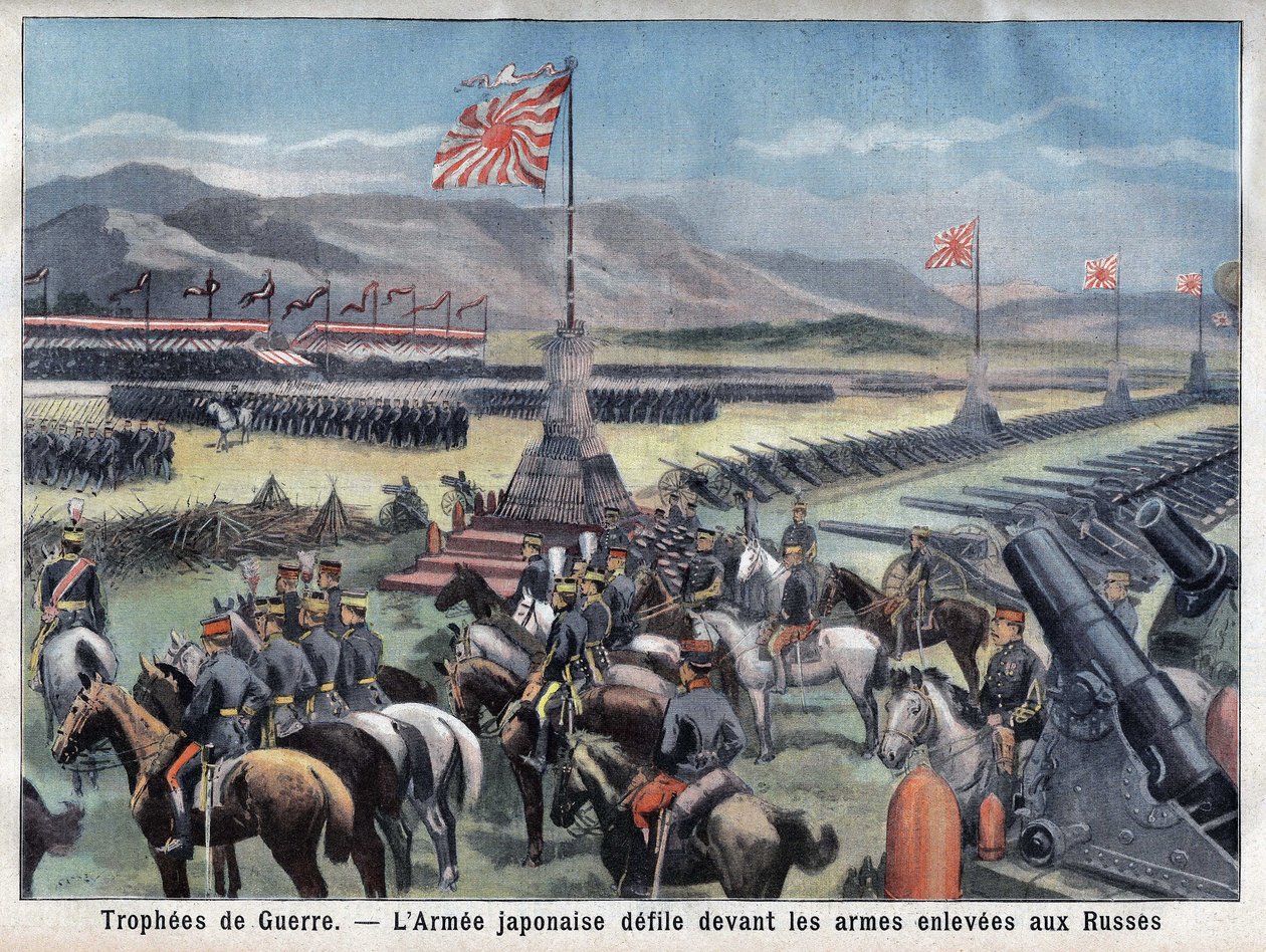 Het einde van het Japans-Russische conflict, het zegevierende Japanse leger zit voor de overname van de Russische wapens, in 