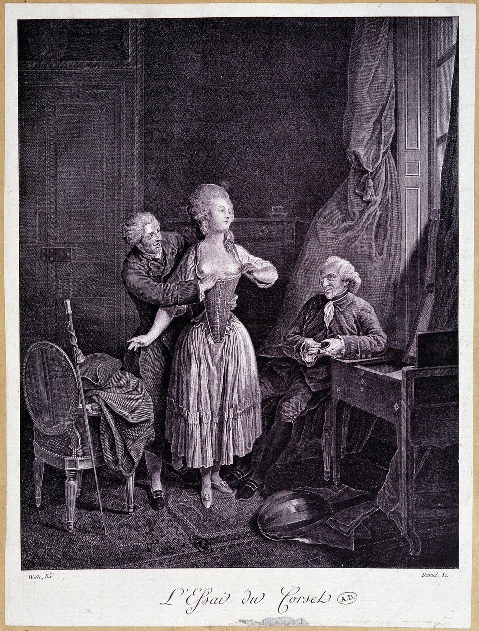 Het essay van het korset (twee mannen en een vrouw met ontblote borsten) - 18e-eeuwse gravure. door French School