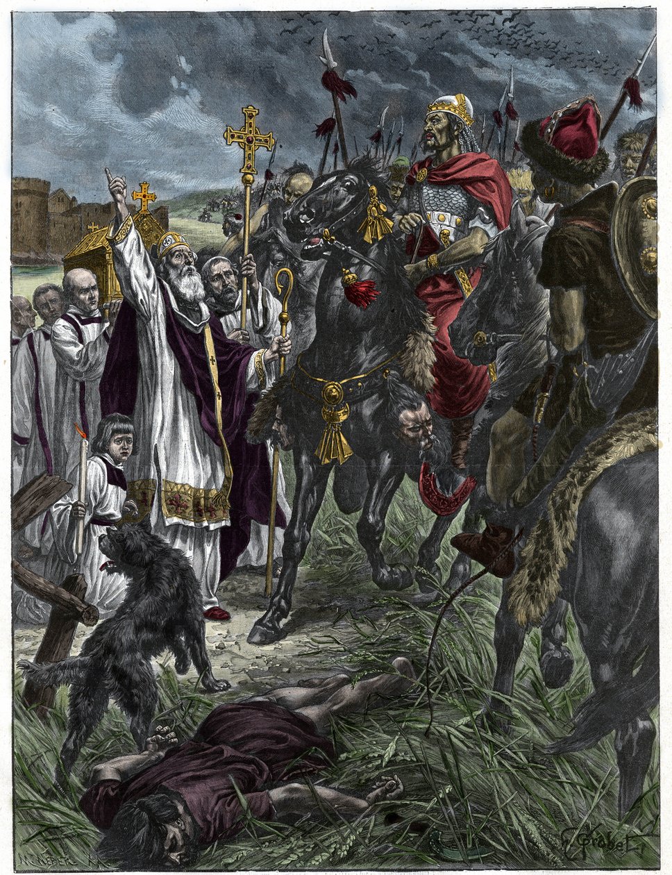 De bisschop Saint Loup van Troyes stopt Attila, koning van de Hunnen, voor Troyes - Barbarse invasies - Gravure naar het schilderij van H. Grobert. door French School