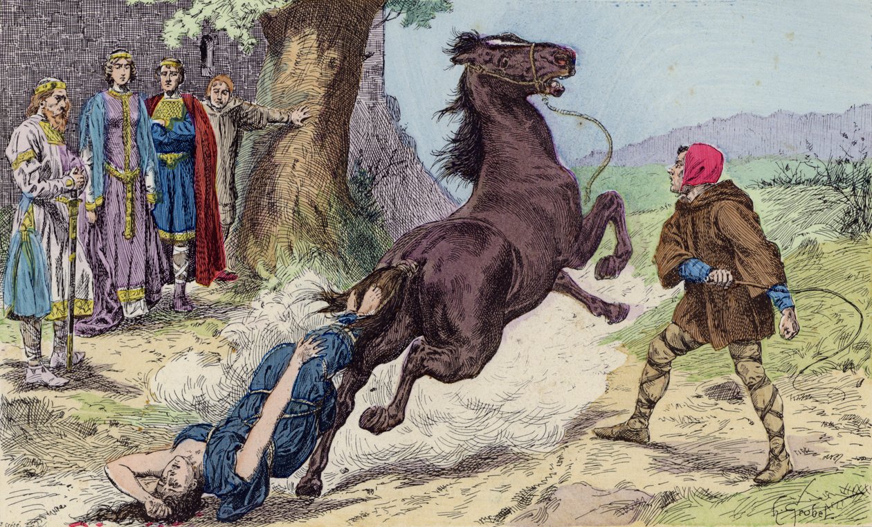 De executie van Brunhilda van Austrasië door Chlotharius II, 613 (kleurenlitho) door French School