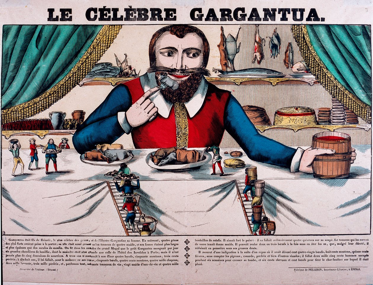 De beroemde Gargantua, personage uit de romans van François Rabelais (1494-1553), Franse schrijver. Gargantua heeft een grote baldakijn en heeft allerlei gerechten. Epinal-afbeelding uit de 19e eeuw door French School