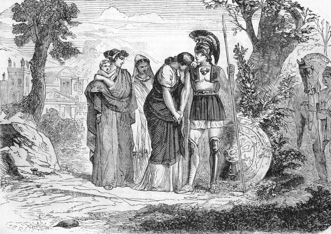 Het afscheid van Hector en Andromaque (gravure) 1864 door French School
