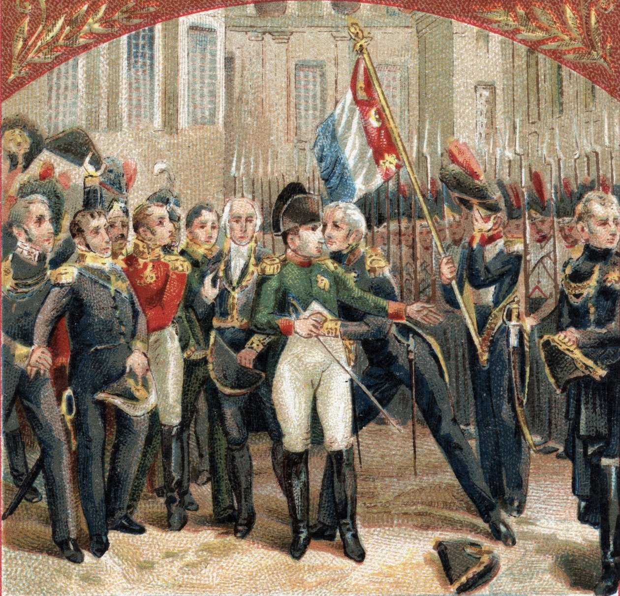 Het afscheid van Napoleon Bonaparte (1769-1821) aan de keizerlijke garde op de binnenplaats van Cheval Blanc in het kasteel van Fontainebleau op 20/04/1814. Chromolithografie van het einde van de 19e eeuw door French School