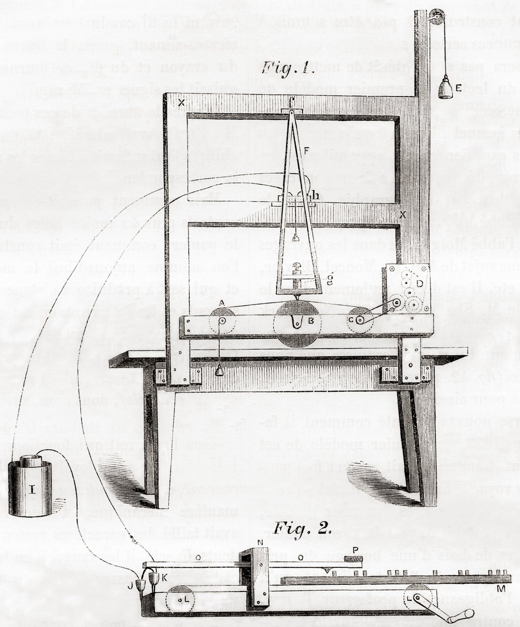 De eerste elektrische telegraaf uitgevonden door Samuel Morse in 1837, uit Les Merveilles de la Science, gepubliceerd ca. 1870 door French School