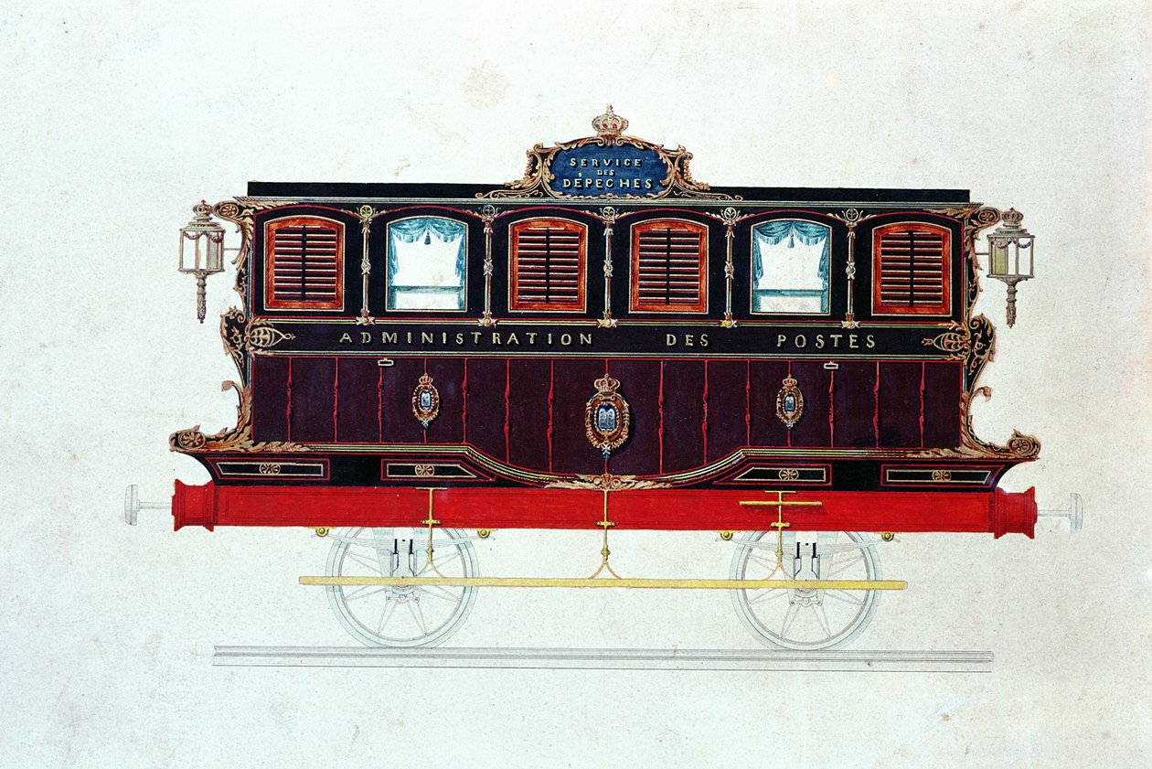 De eerste postwagen in Frankrijk, c.1830-48 (pen & inkt en aquarel op papier) door French School