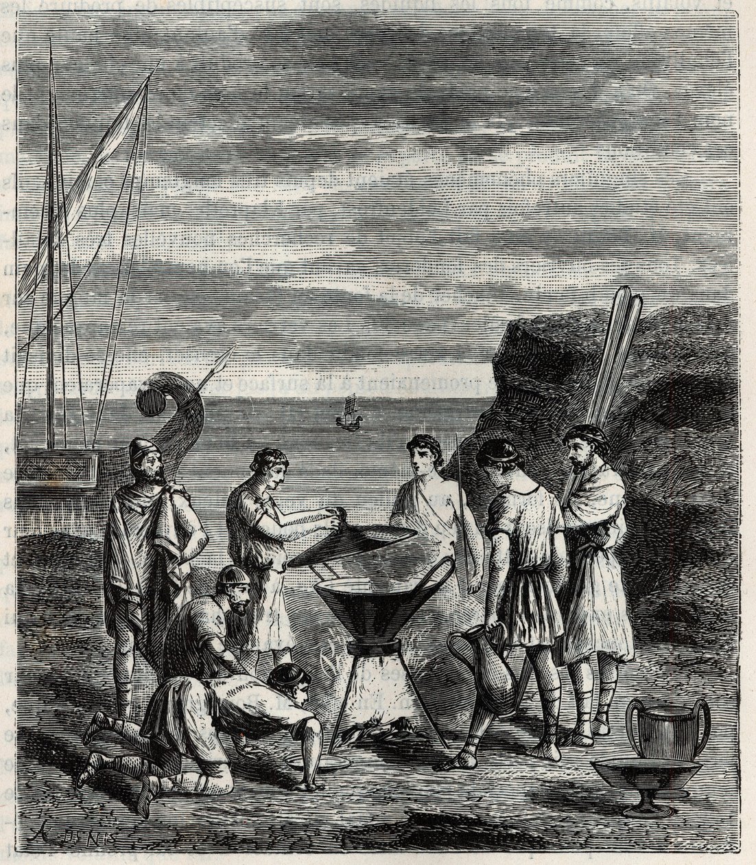 De eerste zeevaarders in de Griekse archipel verkregen vers water door zeewater te verdampen - Gravure in 