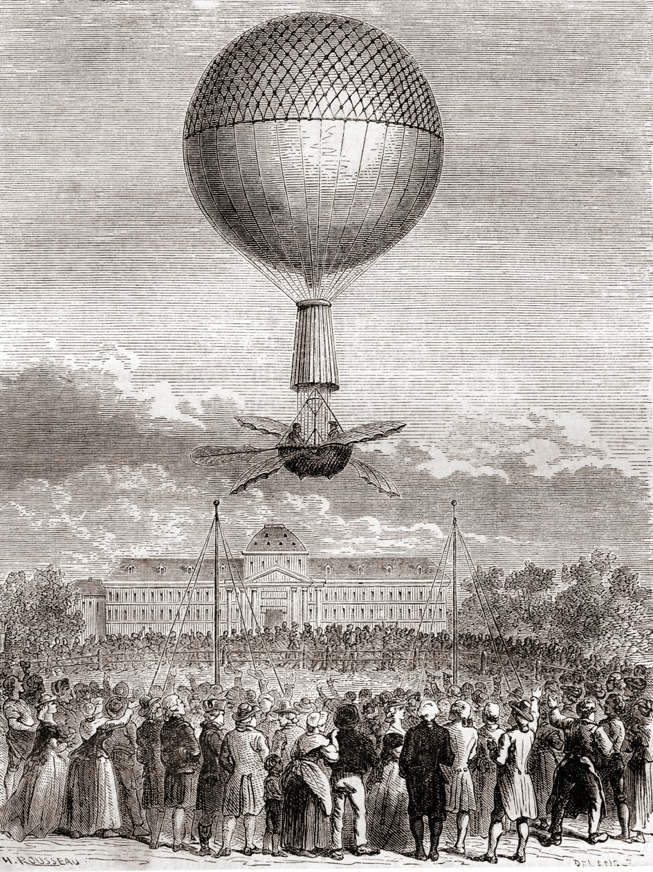 De eerste succesvolle ballonvlucht van Jean-Pierre François Blanchard op 2 maart 1784, in een waterstofgasballon gelanceerd vanaf het Champ de Mars, Parijs, Frankrijk, uit Les Merveilles de la Science, gepubliceerd ca. 1870 door French School
