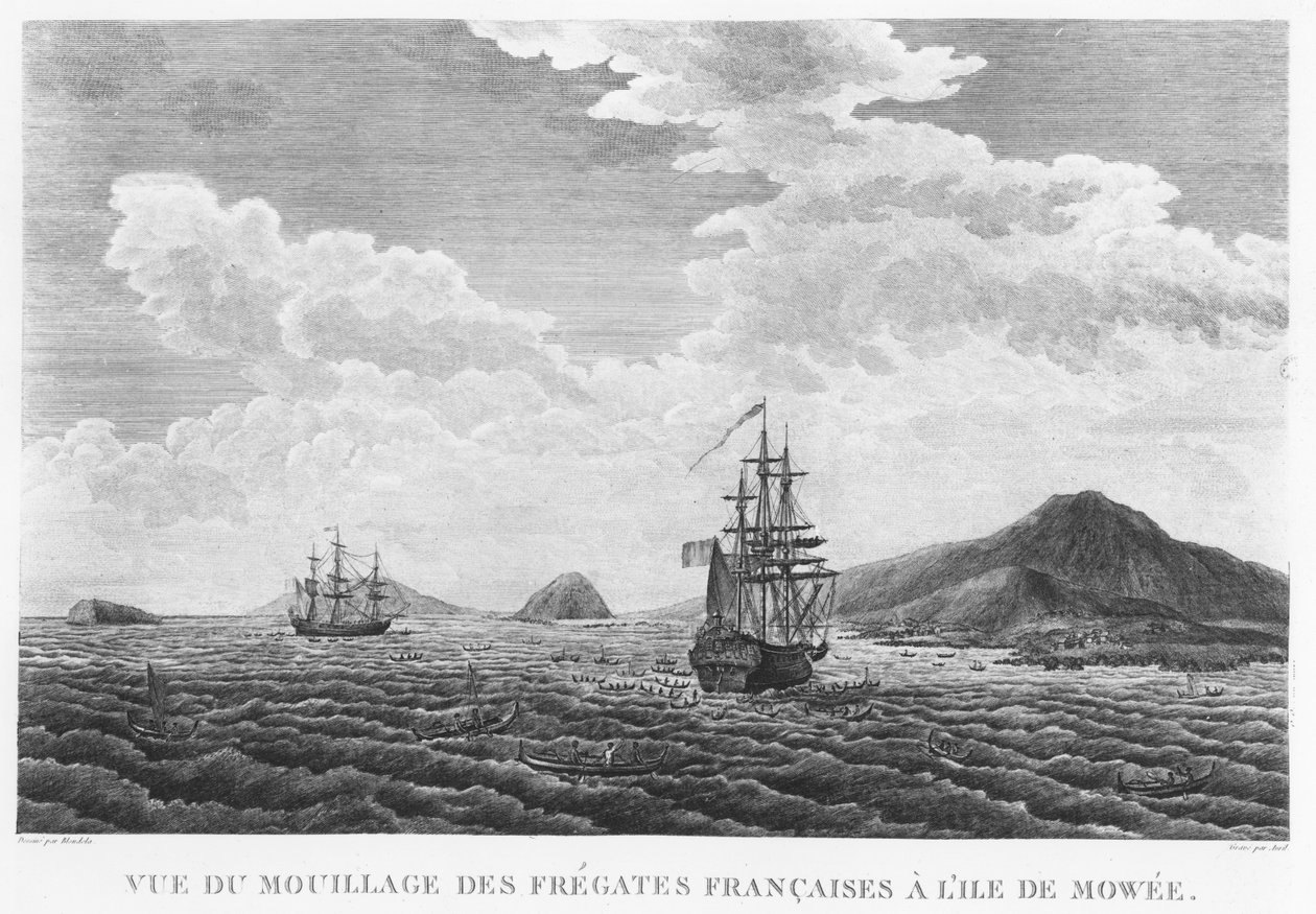 De fregatten van La Perouse bij het eiland Maui (gravure) door French School