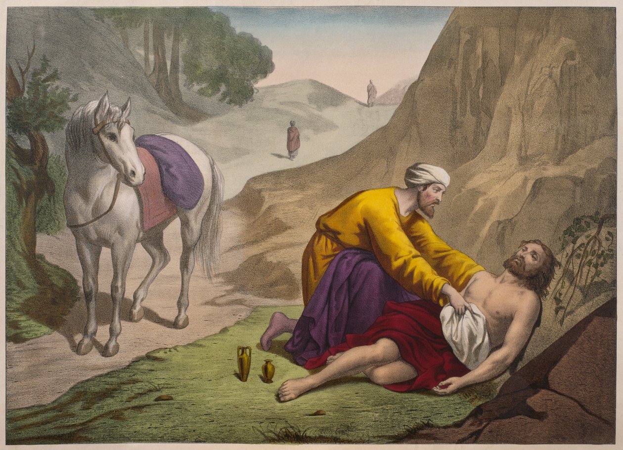 De barmhartige Samaritaan, illustratie uit een catechismus L