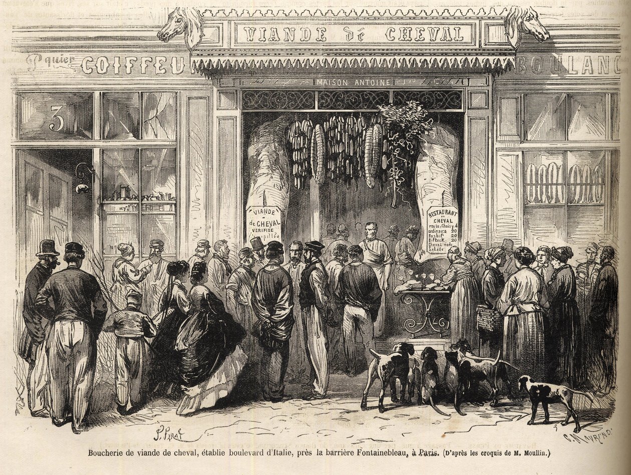 De paardenslagerij bij de barrière de Fontainebleau (Parijs) geopend in 1866 - boucherie chevaline - Boucherie Meat de Cheval Boulevard Italie nabij de barrière de Fontainebleau 1866) Gravure in 