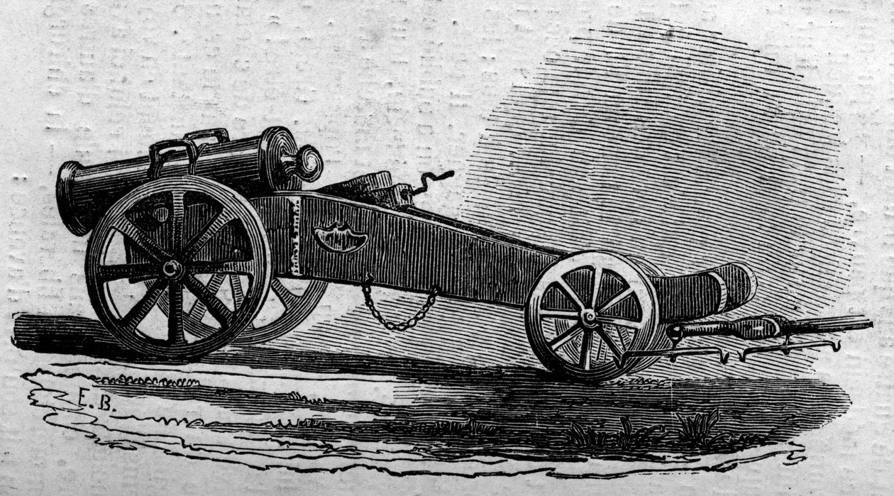 De houwitser van het Oostenrijkse leger gebruikt tijdens de Slag bij de Buffalora-brug (Italië) tijdens de Risorgimento in 1859. Gravure in “Le Monde Illustré” nr. 114 van 18 juni 1859. door French School