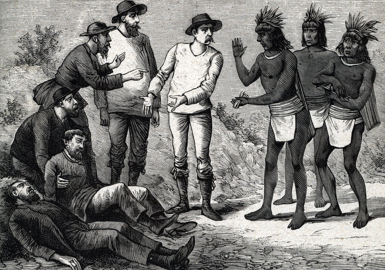 De inwoners van Peru helpen de koloniale Europeanen die lijden aan malaria met kinine (gravure) 1888 door French School