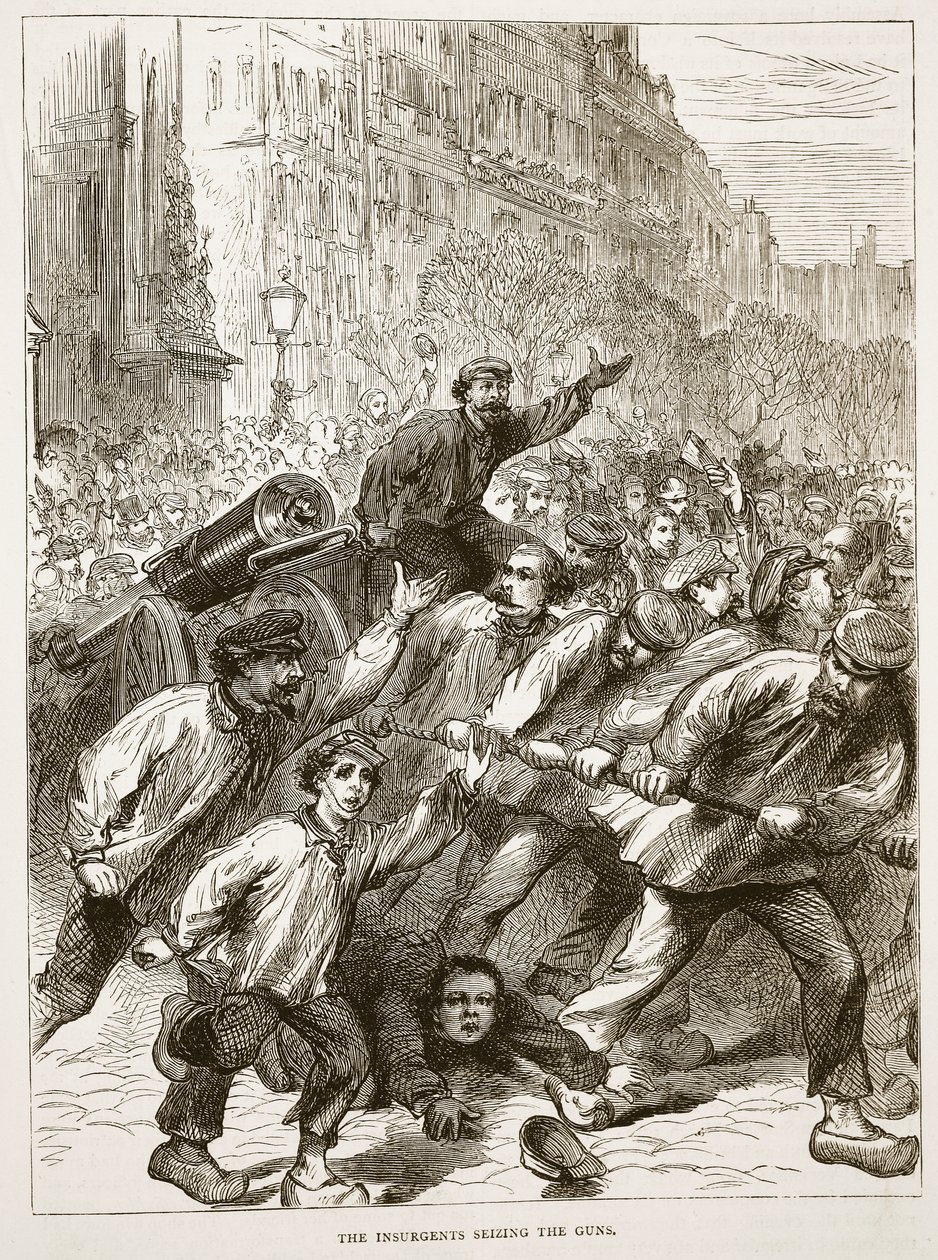 De opstandelingen grijpen de kanonnen, maart 1871, illustratie uit Cassells Geschiedenis van de Oorlog tussen Frankrijk en Duitsland, 1870-1871 door French School