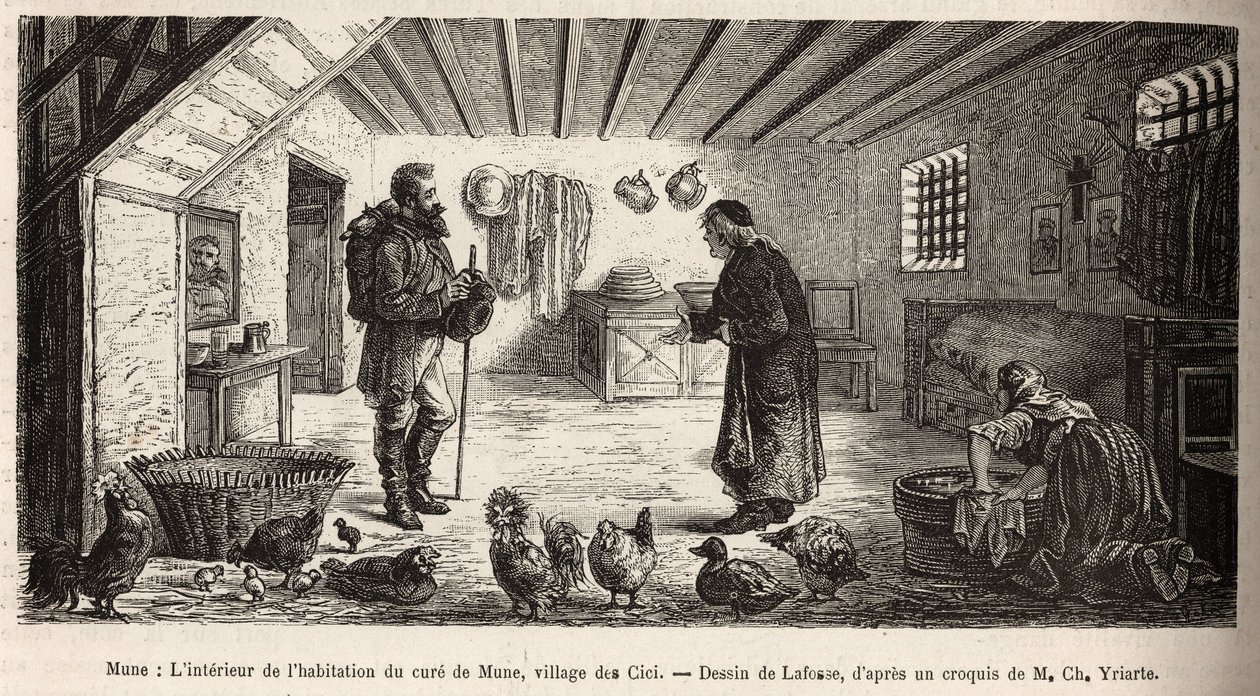 Het interieur van het huis van de pastoor van Mune, dorp Les Cici, die de verteller ontvangt in de hoofdruimte, waar een vrouw op haar knieën de was doet, naast het gevogelte dat daar in volledige vrijheid leeft, gravure naar een tekening van Lafosse ter i door French School