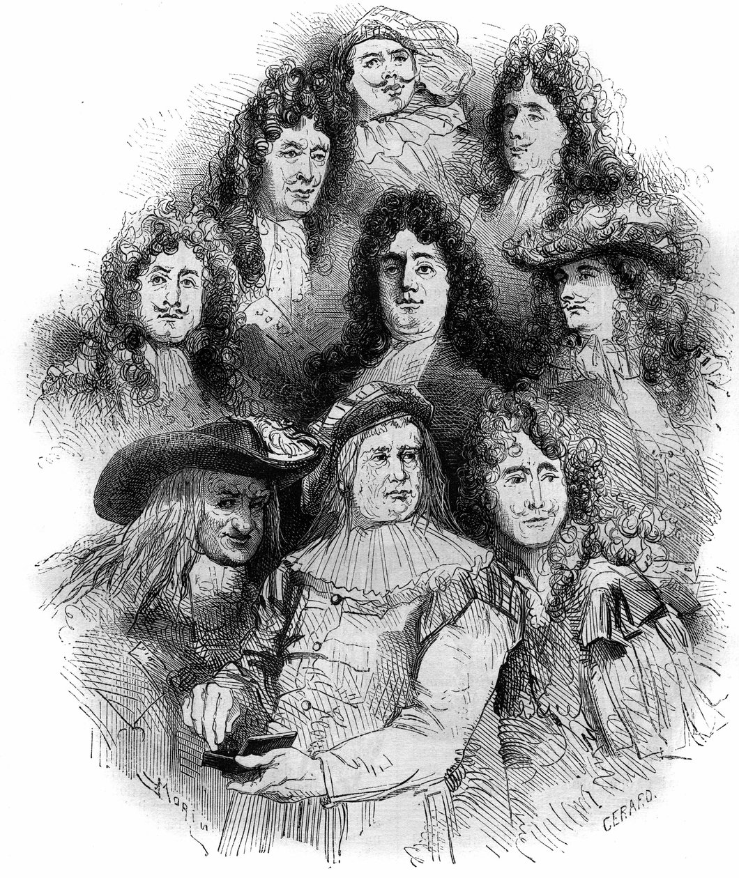 De vertolkers van Molière in de Comédie Française in 1862-1863. Van onder naar boven: Provost (Arnolphe), Joseph Samson (1893-1871) (Sganarelle), Geffroy (Clitandre), Bressant (Don Juan), Edmond Got (1822-1901) (Trissolin), Louis Delaunay (1826-1903) (Hora door French School