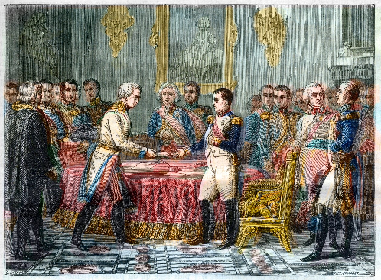 Het interview van Erfurt, 27 september - 14 oktober 1808 - Napoleon I ontvangt baron Vincent, Oostenrijkse diplomaat en gezant van de keizer van Oostenrijk aan de rechterkant Alexander I van Rusland (1777-1825) - Vergadering van prinsen in Erfurt op 27 sep door French School