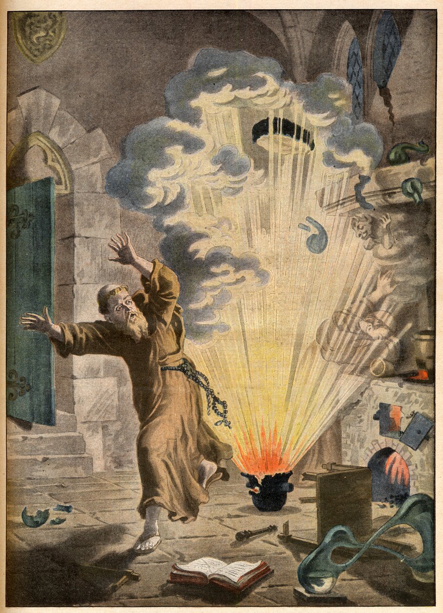 De uitvinding van buskruit door de Duitse monnik en alchemist Berthold Schwartz (ca. 1318-1384) - Illustere uitvindingen. Het buskruit. Illustratie voor Le petit Journal, 27 januari 1901. door French School