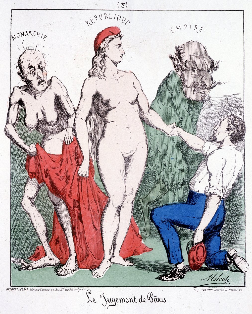 Het oordeel van Paris: Monarchie - Republiek - Keizerrijk (een communard kiest de Republiek). Cartoon over de Commune door French School
