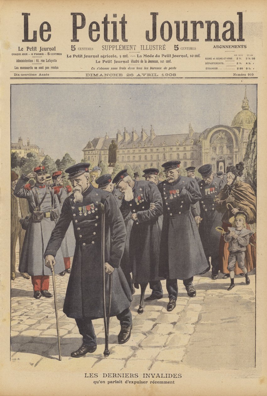 De laatste oorlogsveteranen van het Hotel des Invalides, Parijs (kleurenlitho) door French School
