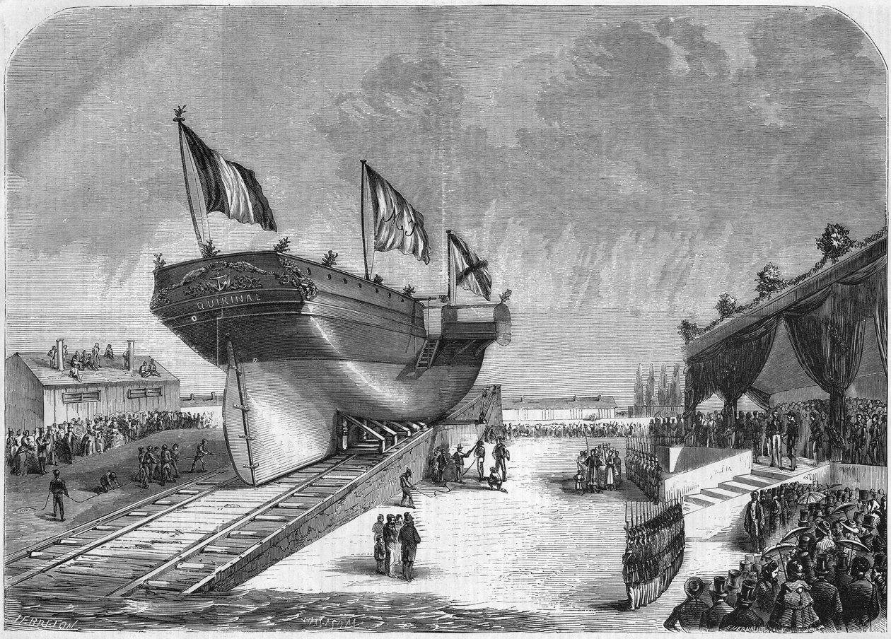 De tewaterlating van de lijnboot Quirinal in La Seyne in 1857 (Compagnie des Messageries Maritimes). Gravure uit 1857. door French School