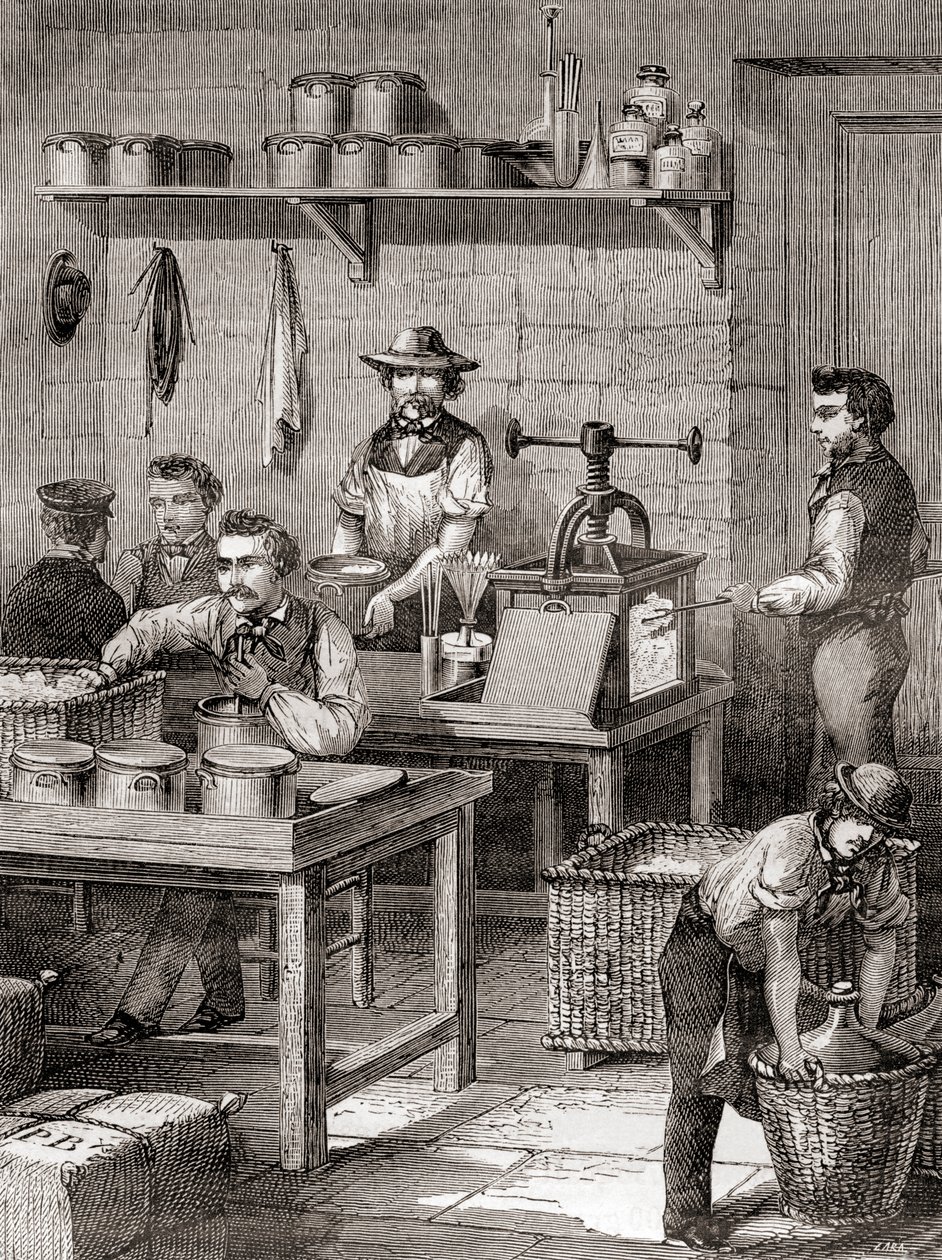 De fabricage van schietkatoen in de 19e eeuw, uit Les Merveilles de la Science, gepubliceerd ca. 1870 door French School